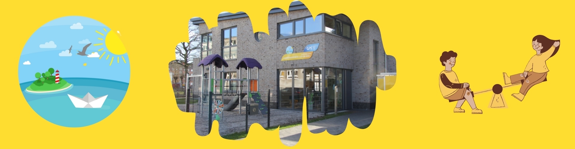 Man sieht den Eingang des Kindergarten Lüttje Oog und einen Spielplatz mit Rutsche